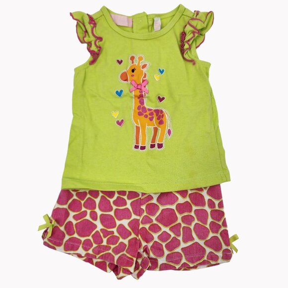 Kids Headquarters 24m Giraffe Top and Shorts Set Green Pink - Picture 1 of 8